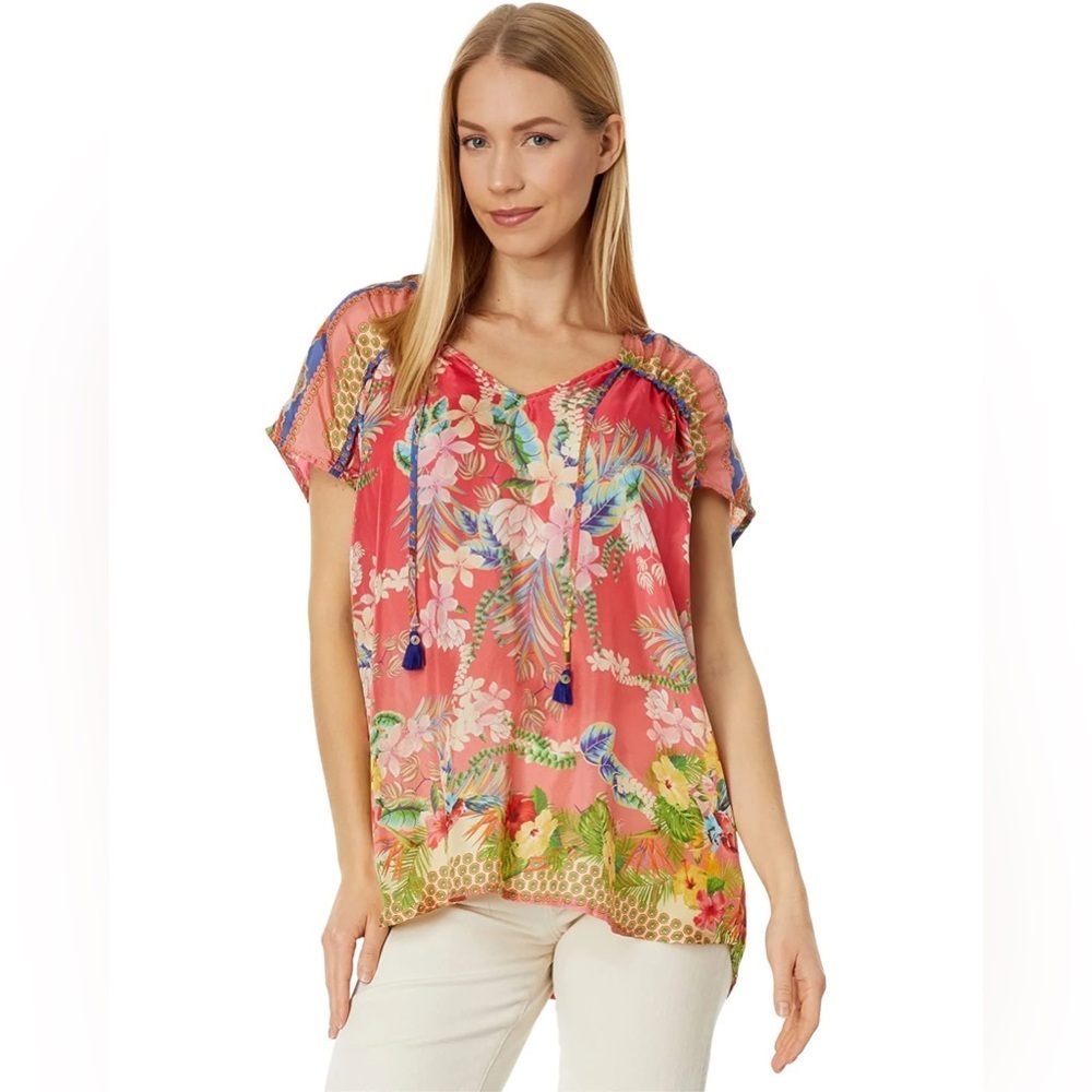 BNWT Johnny Was Rapsodia Arianna Tie Neck Boho Floral Silk Top Multi S $270 - Picture 2 of 7